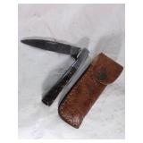 Damascus Folding Knife with Leather Case