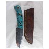 Damascus Knife with Blue Resin Handle and Sheath