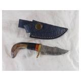 Damascus Steel Knife with Bone Handle and Sheath