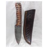 Damascus Steel Knife with Carved Handle and Sheath