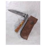 Damascus Folding Knife with Leather Sheath