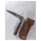 Damascus Steel Folding Knife with Leather Sheath