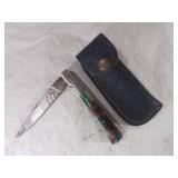 Damascus Folding Knife with Leather Sheath