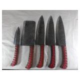5-Piece Damascus Butcher Knife Set with Red Handle