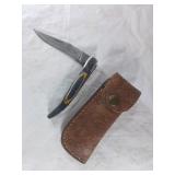 Damascus Folding Knife with Leather Sheath