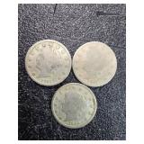 3 Liberty Head Nickels, 1911 and 1912