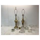 9 Brass Lamps and Assorted Glassware