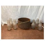 Vintage Milk Bottles and Metal Bin Set