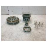 Green Etched Glassware With Gold Accents