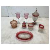 8 Pressed Glass Items with Pink Highlights
