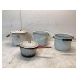 Four White Enamel Cooking Pots