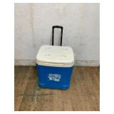 Blue Rolling Plastic Cooler with Telescoping Handl