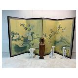 Decorative Collection of Screen, Vases, and Candle