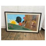 Framed Painting of Rooster and Horse Scene