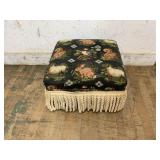 Fringed Upholstered Footstool with Animal Motif
