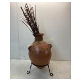 Terracotta Vase with Rope Details and Metal Stand