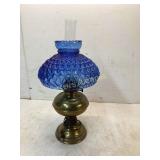 Blue Hobnail Glass and Brass Oil Lamp