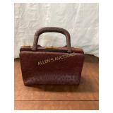 Burgundy Ostrich Leather Handbag with Brass Accent