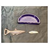 Three Collectible Items: Glass Tray, Fish Bottle O