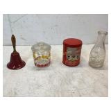 Four Household Items: Bell, Jar, Tin, Milk Bottle