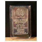 1 Ounce .999 Fine Silver Bar, First National Bank