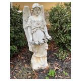 Stone Garden Angel Statue with Floral Garland