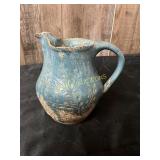 Blue Glazed Pottery Pitcher with Relief Design