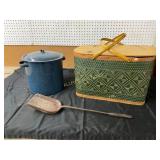 Green Woven Picnic Basket, Enamel Pot, and Metal S
