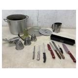 Kitchen Utensils Lot Including Stock Pot and Knive