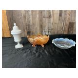 Hobnail Milk Glass Covered Jar, Carnival Glass Bow