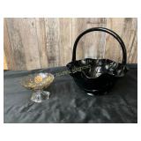 Black Glass Basket and Etched Glass Compote