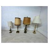 Four Brass Table Lamps with Shades