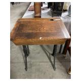 Antique Oak Cast Iron Student Desk w/ Inkwell Hole