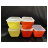 5 Small Pyrex Dishes w/ 4 Lids - Red and Yellow