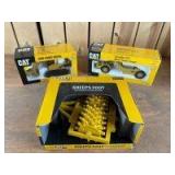 Various Scale Ertl Caterpillar 631E Wheel Tractor Scraper, Sheeps Foot, & 5080 Front Shovel