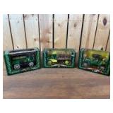 (3) 1/25 Scale Ertl/RC2 Mack Ford John Deere Christmas Stake Truck, Model T, and Knox Delivery Wagon