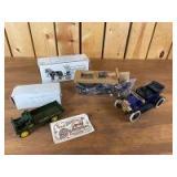 (3) Various Scale Ertl/Scale Models Horse-Drawn Delivery Wagon, John Deere Car, and Dain "Commercial Car"