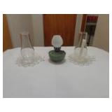 2 Glass candleholders and miniature metal based lamp