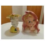 Lady and baby with blanket head vases 6" and 7"