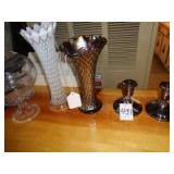 Northwood Amethyst vase, Diamond Point vase, compote, and candle holders