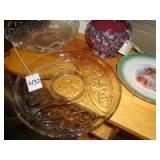 Pressed glass, souvenir plate, and newer Roseville bowl