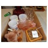 Fenton covered compote, Candlewick stemware, and mugs
