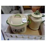 Graniteware coffee pot and Flour container