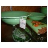 Jadite 9 1/2" footed bowl, 7" bowl, and whisk broom w/cover