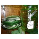 Green depression pitcher and plates