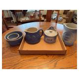 Assorted Blue Stoneware Kitchen Collection: Pitchers, Salt Keeper, and Bowls