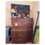 Walnut Four-Drawer Dresser with Additional Top Cabinet and mirror