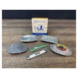 (7) Belt Buckles, S&P Shaker, Knives