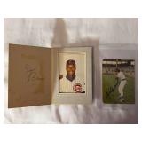 (2) Ernie Banks Signed Portrait and Joe Cardenas Signed Baseball Card Lot