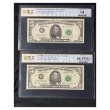 1963A Boston Star Note & 1988A Cleveland $5 Federal Reserve Notes PCGS Graded